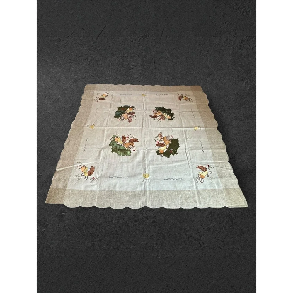 Easter Bunny Tablecloth 50x50 White Beige Embroidered Spring